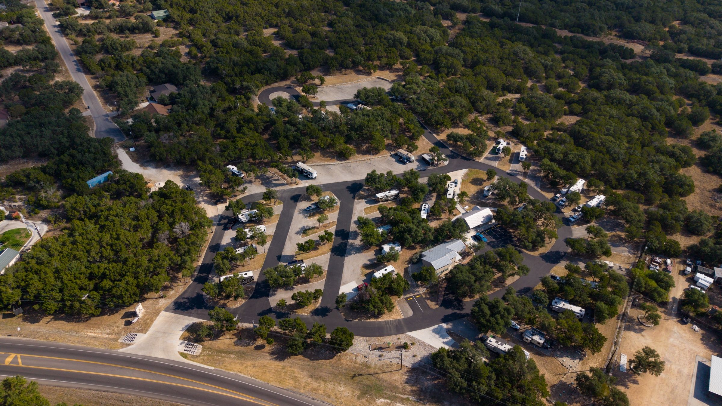 Aerial view of the park among the live oaks of the Hill Country