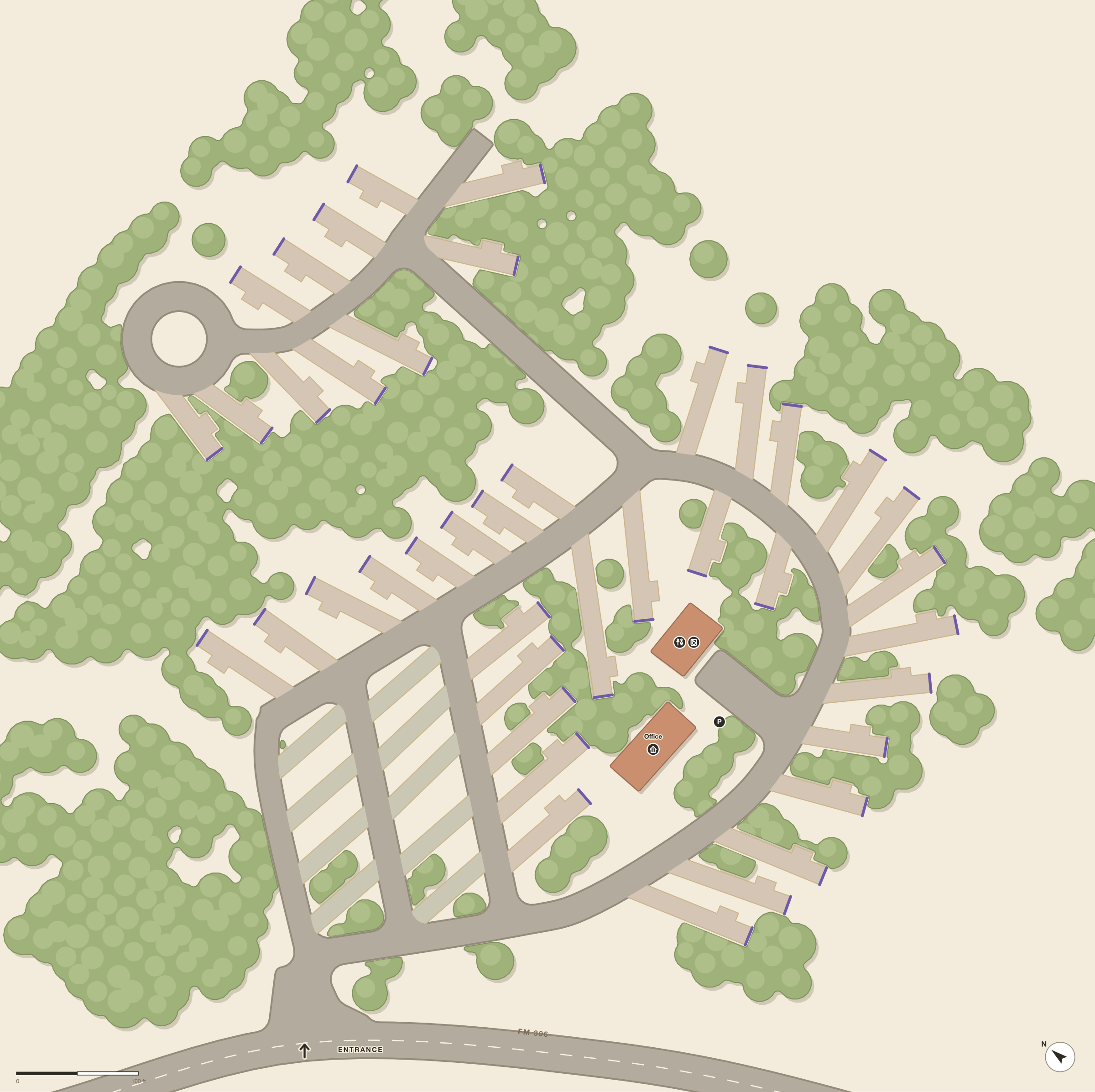 Map of the park: 50 RV sites along paved loops among the trees, the office and bathhouse near the center, and the entrance on FM 306