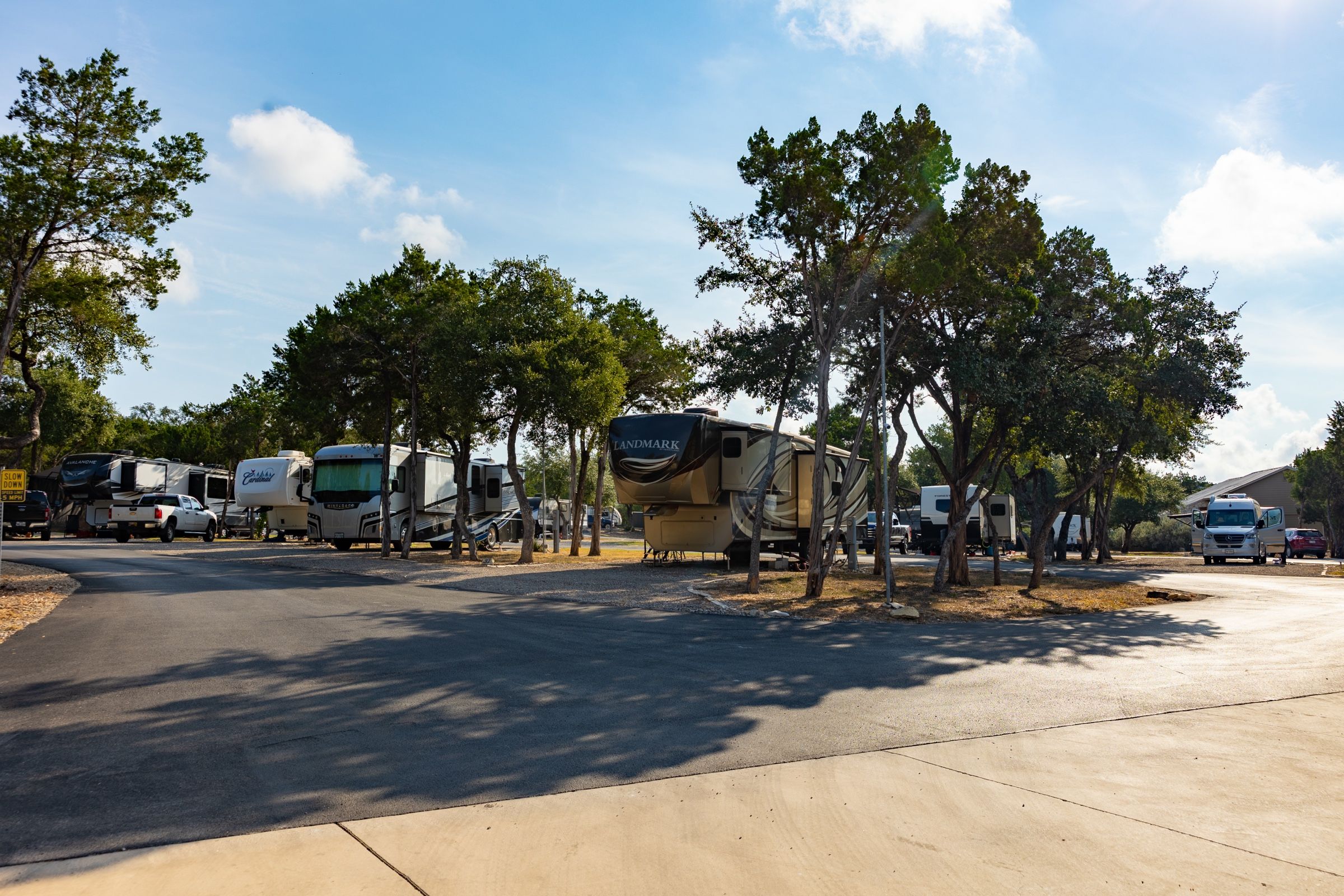 Row of RV sites in late sun